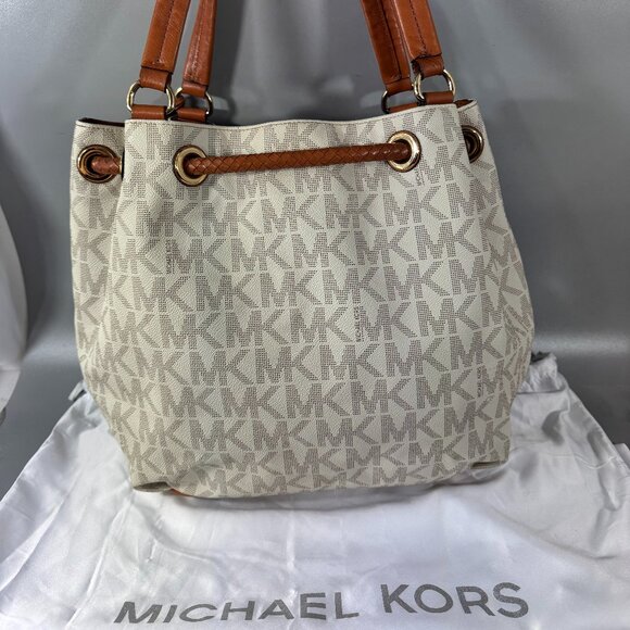 Michael Michael Kors Jet Set Large Logo Leather Gathered Brown Vanilla Tote Bag - Picture 5 of 14
